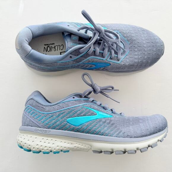 Brooks Ghost 12 Grey Blue Teal Size 8.5 Knit Run Gym Walk Comfort Worn 1X - Picture 1 of 7